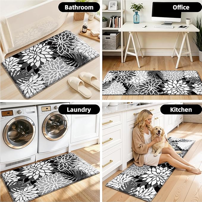 Arenarug Kitchen Mats for Floor 2PCS Cushioned Anti Fatigue Kitchen Mats Waterproof Non Slip Kitchen Mat Rug Set Comfort Foam Standing Mat for Sink, Laundry, Office, 24"x39"+24"x59", Black White