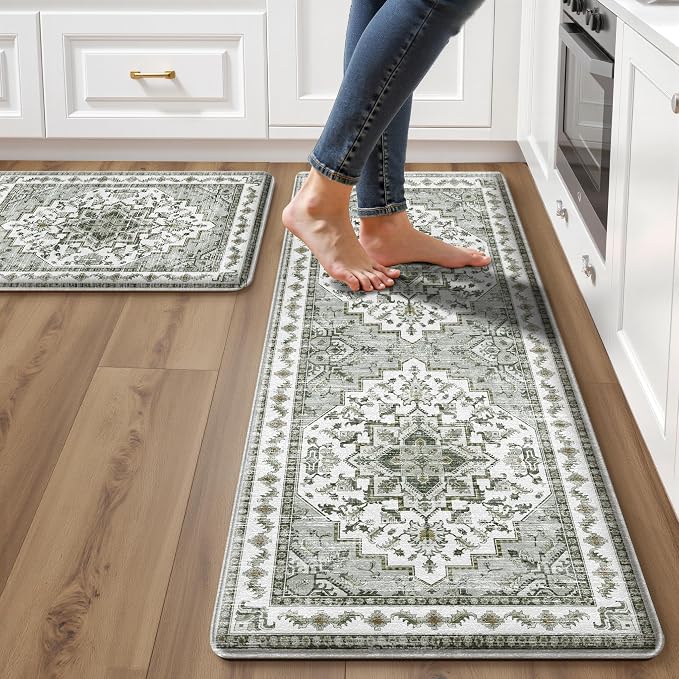 Boho Kitchen Mats for Floor 2 Piece Set Anti Fatigue Cushioned PVC Kitchen Rugs Non Slip Waterproof Farmhouse Mats 2/5 Inch Comfort Standing Mat for Laundry, 17.3"x59"+17.3"x28", Green-Tinted Grey