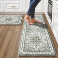 Boho Kitchen Mats for Floor 2 Piece Set Anti Fatigue Cushioned PVC Kitchen Rugs Non Slip Waterproof Farmhouse Mats 2/5 Inch Comfort Standing Mat for Laundry, 17.3"x59"+17.3"x28", Green-Tinted Grey