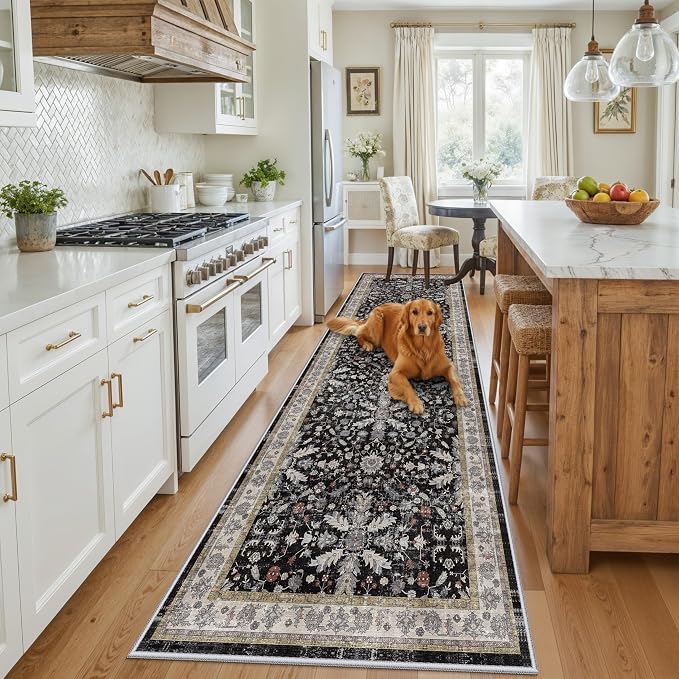 3x10 ft Long Kitchen Runner Rug – Non-Slip Washable Hallway Carpet Runner with Rubber Backing, Boho Floral Low Pile Thin Wide Runners for Entryway Indoor（Black,3x10）