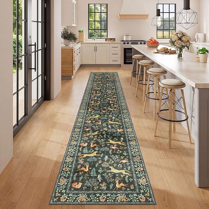 DUKINO 2x12 Washable Runner Rug, Ultra Soft Vintage Animal Runner Rug for Hallway, Lightweight Non Slip & Non Shedding Indoor Long Carpet for Kitchen, Laundry Room, Bathroom, Bedroom, Entrance, Black