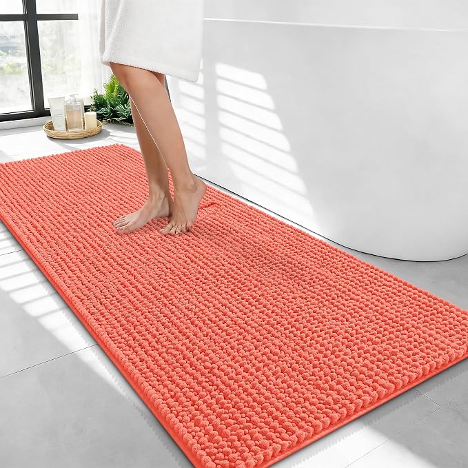 OLANLY Thick Bathroom Runner Rugs 44x24, Extra Soft Absorbent Chenille Bath Rugs, Rubber Backing, Machine Wash Dry, Long Bath Mats for Bathroom Floor, Tub and Shower, Home Decor Accessories, Coral