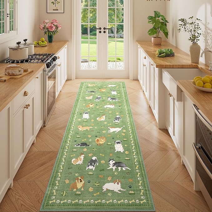 DUKINO 2x10 Runner Rug for Hallway, Washable Animal Dog Print Kitchen Rug with Low Pile, Soft Non Slip Indoor Non Shedding Long Carpet Runner for Entryway, Bedroom, Bathroom, Laundry, Green