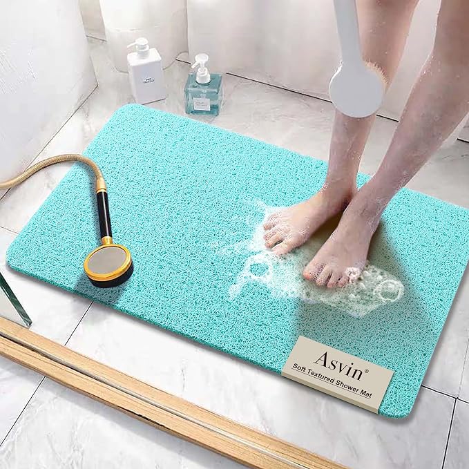 Asvin Soft Textured Bath, Shower, Tub Mat, 24x16 Inch, Phthalate Free, Non Slip Comfort Bathtub Mats with Drain, PVC Loofah Bathroom Mats for Wet Areas, Quick Drying