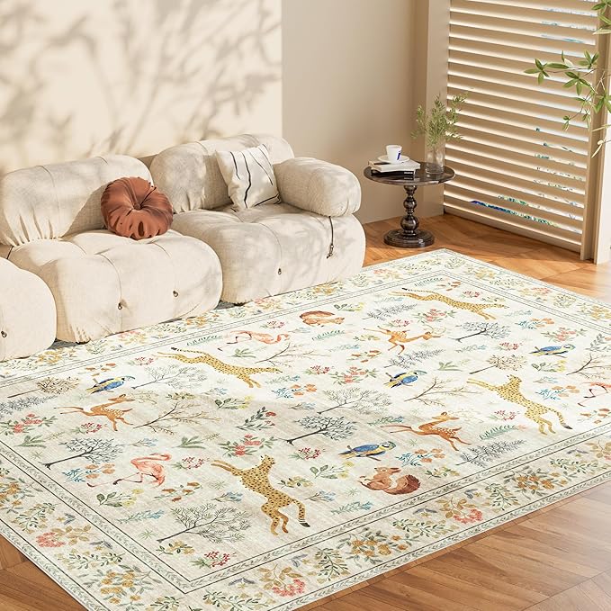 DUKINO 9x12 Rug, Washable Animal Living Room Rug with Non Slip Vintage Design, Soft Low Pile Large Carpet for Bedroom, Nursery, Dining Room, Farmhouse, Playroom, White