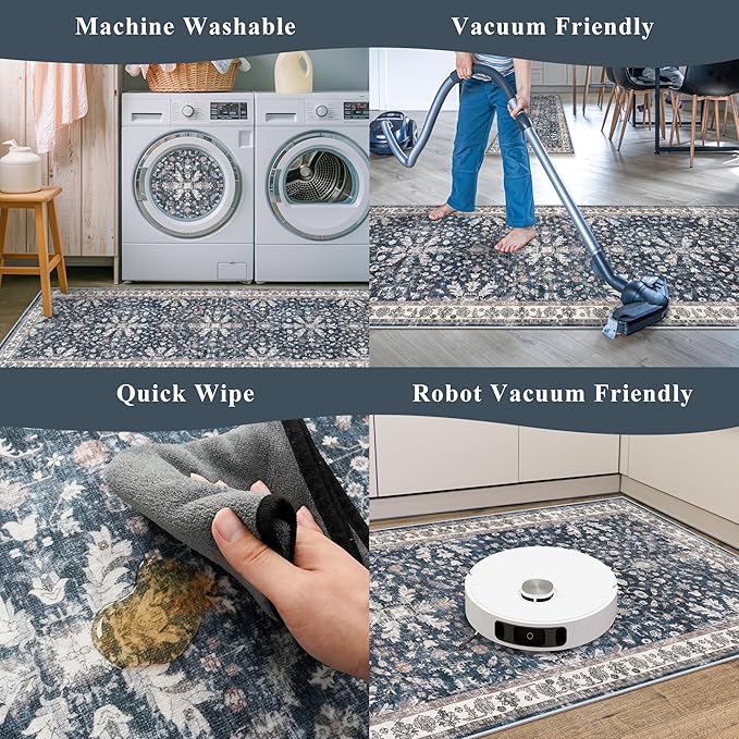 Washable Hallway Runner Rug 2x10: Non Slip Vintage Boho Carpet with Rubber Backing for Kitchen Entryway Hall Holiday Farmhouse Neutral Cream Long Runners (Blue,2'x10')