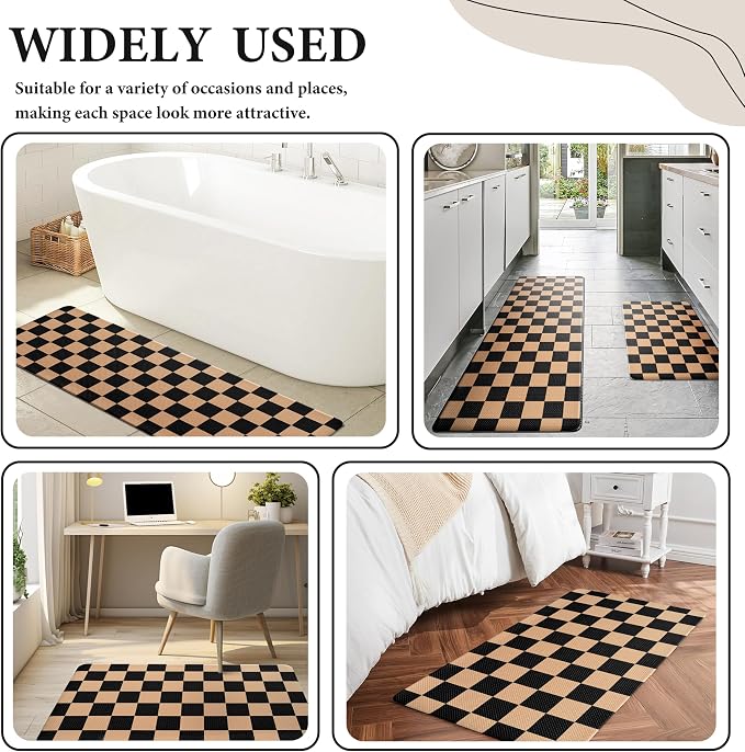 Black Brown Checkered Grid Checkerboard Kitchen Rug Sets [2 PCs], Anti-Fatigue, Waterproof Non-Slip Kitchen Mats Heavy Duty Comfort Foam Rug for Kitchen, Floor, Home, Laundry,17"x29"+17"x47"