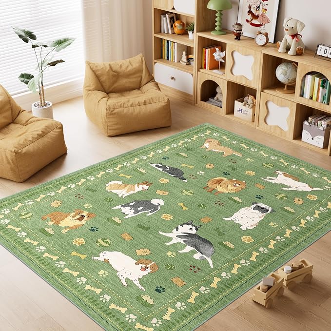 DUKINO 4x6 Area Rug, Non Slip Washable Rug for Living Room with Low Pile Design, Lightweight & Non Shedding Animal Dog Print Indoor Soft Carpet for Bedroom, Dining Room, Kids Room, Office, Green