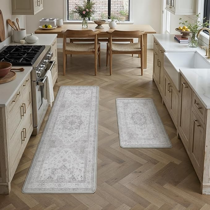 PureCozy Kitchen Mats 2PCS Anti Fatigue Cushioned Mat Gray Vintage Kitchen Mats for Floor Waterproof Non Slip Comfort Standing Oriental Medallion Grey Rug for Sink Laundry Office 17.3"x59"+17.3"x30"