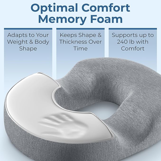 5 STARS UNITED Donut Pillow for Tailbone Pain & Hemorrhoids – Large Memory Foam Seat Cushion for Bed Sore-Prone Areas & Pressure Relief – Prostate, Postpartum & Pregnancy Support, Gray Cotton Cover