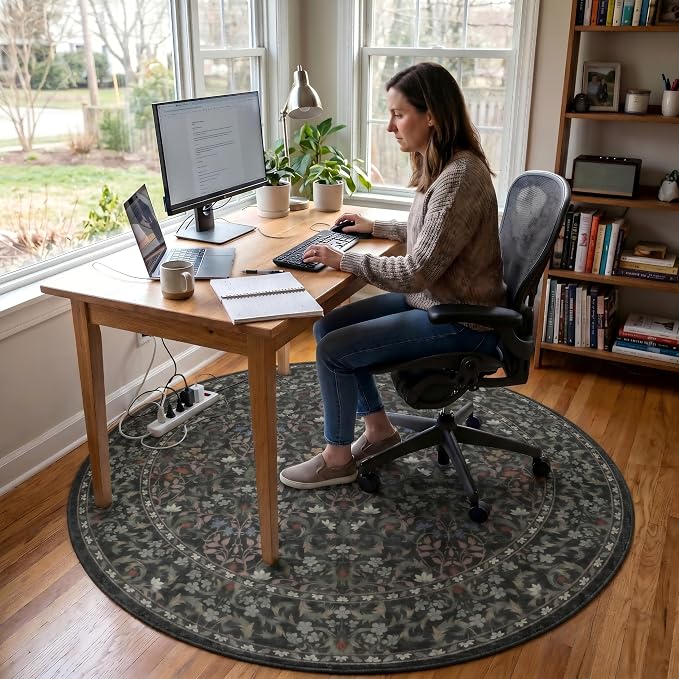 60"x60" Office Chair Mat for Hardwood Tile Floor, Under Desk Carpet Protector for Rolling Computer Chair Mat, Machine Washable Round Area Rug, Anti-Slip 1/5" Thick Low Pile Thin Floor Mat, Moss Green