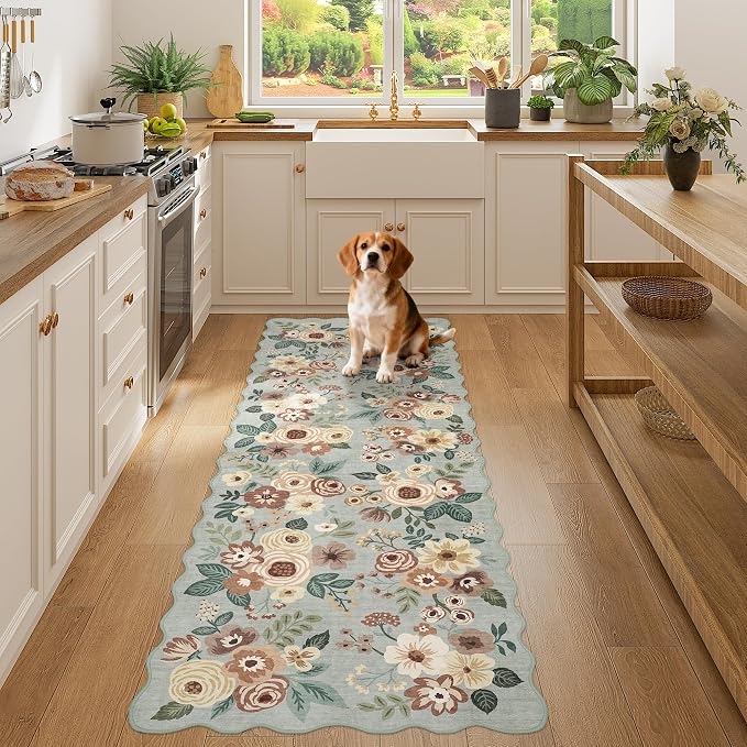 DUKINO 2x6 Runner Rug for Hallway, Washable Kitchen Rug with Non Slip Backing & Non-Shediing, Soft Low Pile Floral Design Runner for Bedroom, Kithchen, Living Room, Laundry, Bathroom, Sage Green