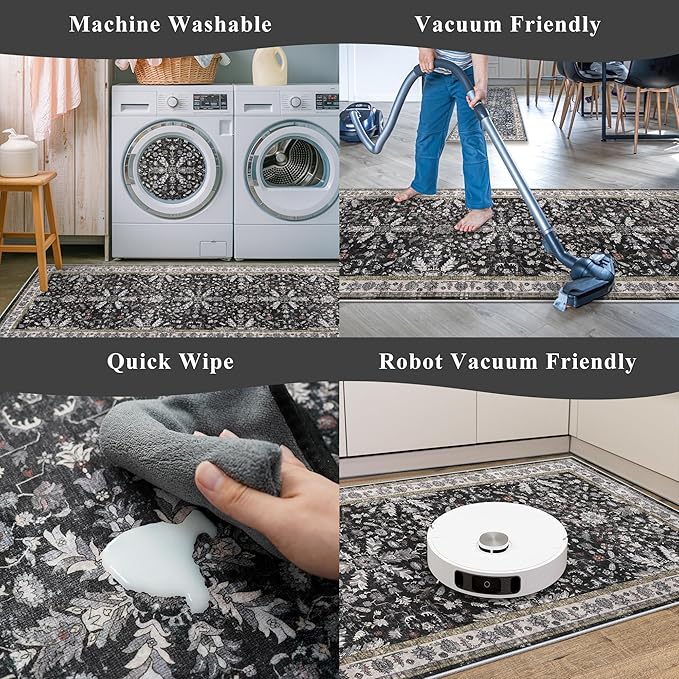 Square Rugs 5x5 Washable for Entryway: Non Slip Indoor Foot Carpet for Living Room, Boho Soft Black 5'x5' Low Pile Neutral Area Rug for Kitchen Dining Room Bathroom (Black, 5x5)