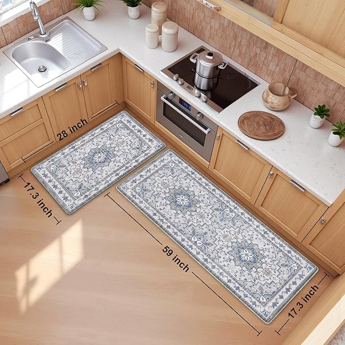 Boho Kitchen Mats for Floor 2 Piece Set Anti Fatigue Cushioned PVC Kitchen Rugs Non Slip Waterproof Farmhouse Mats 2/5 Inch Comfort Standing Mat for Sink, Laundry, 17.3"x59"+17.3"x28", Blue Grey