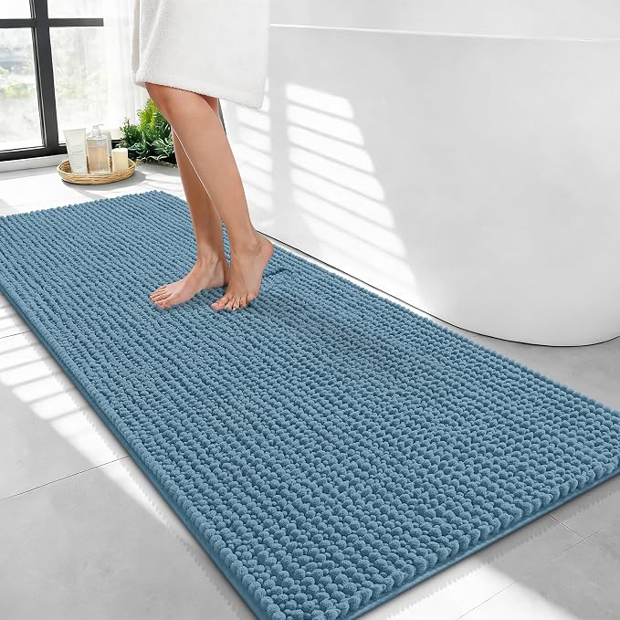 OLANLY Thick Bathroom Runner Rugs 44x24, Extra Soft Absorbent Chenille Bath Rugs, Rubber Backing, Machine Wash Dry, Long Bath Mats for Bathroom Floor, Tub and Shower, Home Decor Accessories, Airy Blue