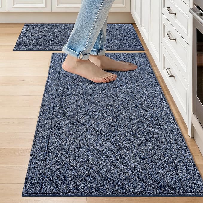 COSY HOMEER Kitchen Rugs Sets 2PCS,Non-Slip Washable Kitchen Mats for Floor,Absorbent and Stain Resistant Kitchen Runner Rugs for Kitchen Sink Laundry Entryway,20"x30"+20"x48",Heather Blue