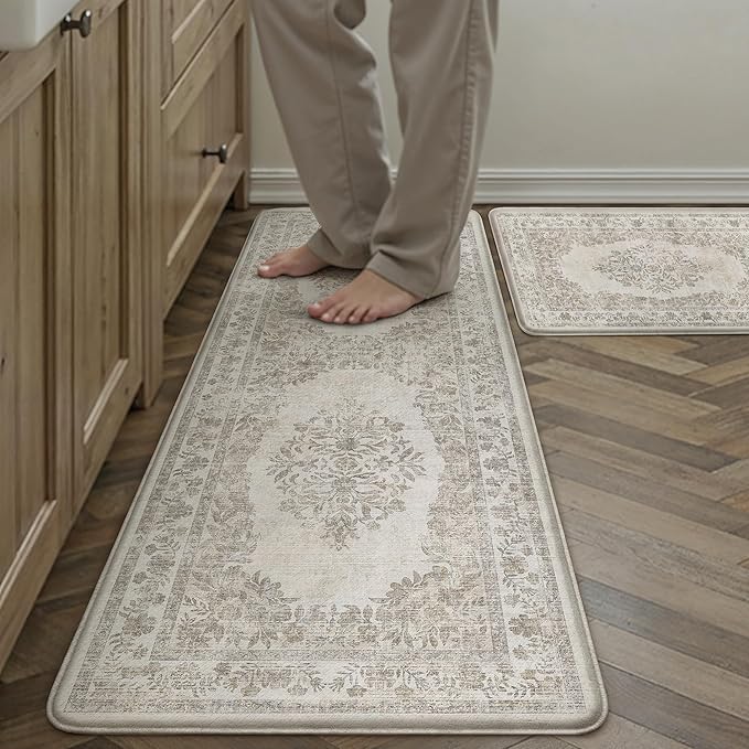 PureCozy Kitchen Mats 2PCS Anti Fatigue Cushioned Mat Beige Vintage Kitchen Mats for Floor Waterproof Non Slip Comfort Standing Medallion Floral Rug for Sink Laundry Office 17.3"x47"+17.3"x30"