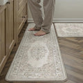 PureCozy Kitchen Mats 2PCS Anti Fatigue Cushioned Mat Beige Vintage Kitchen Mats for Floor Waterproof Non Slip Comfort Standing Medallion Floral Rug for Sink Laundry Office 17.3"x47"+17.3"x30"