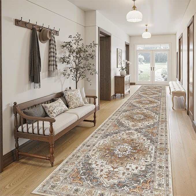 Madane Hallway Runner Rug 2'6''x14', Non Slip Vintage Runners for Hallways Washable Kitchen Rugs Soft Low Pile 2.5x14 ft Rug Runner for Laundry Room, Entryway and Bedroom, Turmeric/Grey