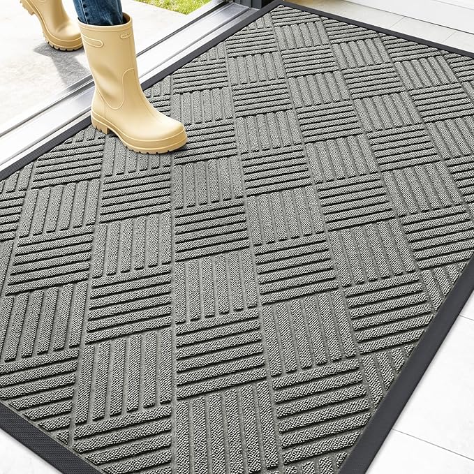 OLANLY Front Door Mat Outside Entrance 47x32, Absorbent, Heavy Duty Sturdy Natural Rubber Doormat Indoor Outdoor, Stain Fade Resistant, Non-Slip Low Profile Floor Mat for Entryway, Modern Gray Diamond