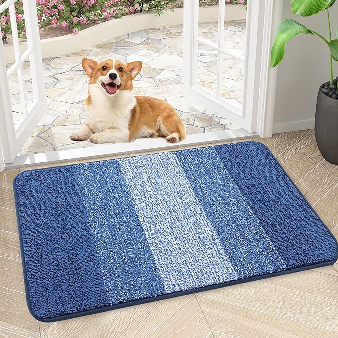 Kitinjoy Indoor Outdoor Door Mat, 30x17 Non-Slip Absorbent Dirt Trapper, Low-Profile Washable Inside Entrance Front Floor Mat, Sturdy Soft Entry Doormats for Entryway, Navy Blue