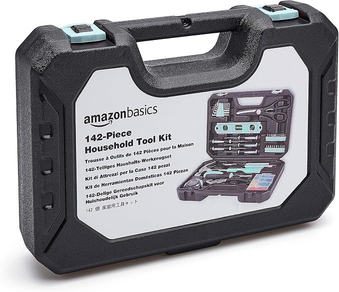 Amazon Basics 142-Piece Household Tool Kit for Home Repair, Hand Tools with Storage Case, 13.39 x 9.25 x 2.95 inch, Turquoise