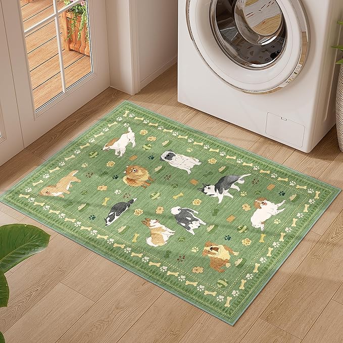 DUKINO 2x3 Entryway Rug, Washable Small Door Mat Indoor Entance Lightweight Area Rug with Non Slip, Low Pile & Non Shedding Animal Dog Throw Carpet for Kitchen, Bathroom, Bedroom, Kids Room, Green