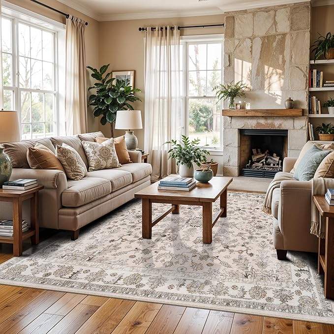 5x5 Square Washable Rug for Living Room: Non Slip Indoor Entryway Foot Carpet for Kitchen, Boho Soft Beige 5ftx5ft Low Pile Neutral Area Rug for Dining Room Bathroom (Beige, 5x5)