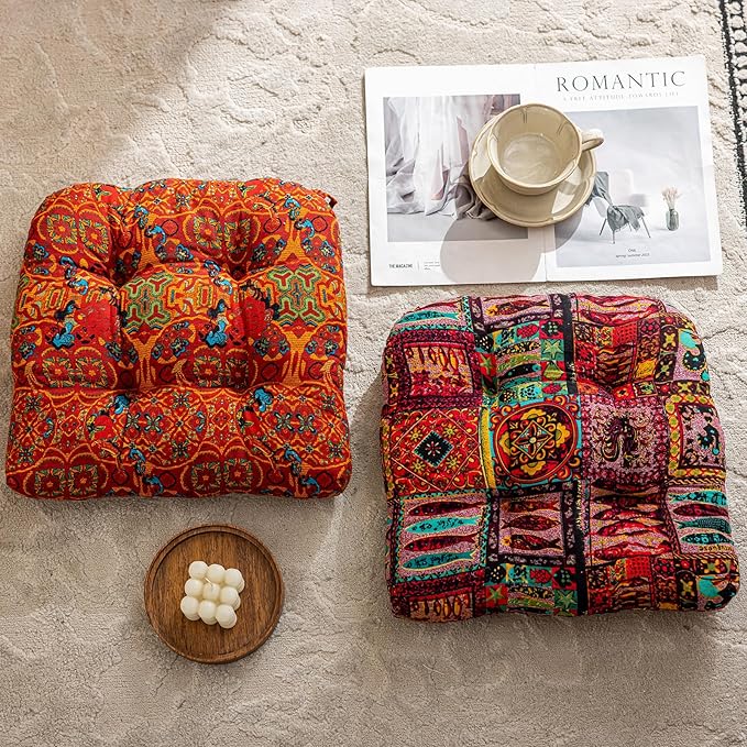 vctops Boho Geometric Chair Cushions with Ties U-Shaped Soft Cozy Cotton Linen Chair Pads Non Slip Seat Cushions for Indoor Dining Room and Kitchen Chairs (Orange,18"x18")