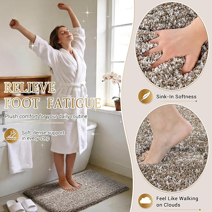 Yimobra Luxury Bathroom Rugs, Fluffy Bath Mats, Non Slip, Water Absorbent Microfiber, Machine Washable, Plush Runner Shower Rugs, Thick Matts for Bathroom Floor&Tub, 47" X 24", Light Brown and White