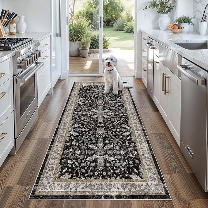 3x6 Kitchen Runner Rug Non Slip Washable - Soft Low Pile Stain-Resistant Wide Carpet Runner for Hallway Entryway Bedroom Bathroom with Rubber Backing - Boho Floral Door Mat(Black,3x6)