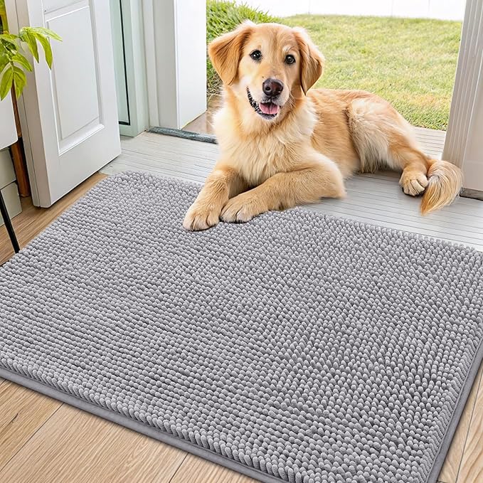 Smiry Dog Door Mat for Muddy Paws 36x24, Absorbent Dirt Trapper, Non-Slip Washable Chenille Entryway Rug for Inside Floor, Light Grey, Classic Solid