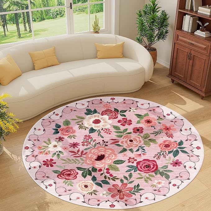 DUKINO Floral Round Rug, 6ft Washable Circle Rug, Non Slip Indoor Low Pile Circle Rug, Soft Small Boho Design Carpet for Bedroom, Entryway, Living Room, Dining Room, Pink