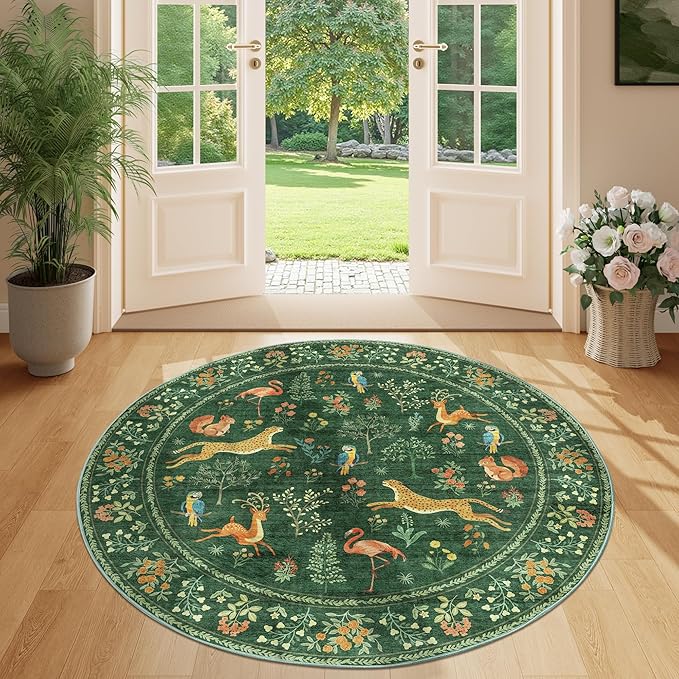 DUKINO 4ft Round Rug, Washable Round Area Rug, Non Slip Indoor Low Pile Animal Design, Soft Small Vintage Circle Carpet for Bedroom, Entryway, Living Room, Dining Room, Green