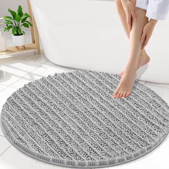 Smiry Bathroom Rugs Mat Round 30x30, Soft Absorbent Chenille Bath Rugs, Non Slip Rubber Backing Machine Washable Quick Dry Bath Mats for Bathroom Floor, Tub, Shower, Home Accessories, Light Grey