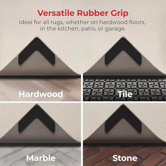 NeverCurl 4-Pack V Shape Rug Corner Grippers - Rug Gripper for Hardwood Floors and Outdoor Surfaces - Stops Curling Corners - Safe Carpet Tape Alternative - Works on Rug Corners Indoors