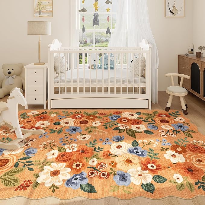 DUKINO 6x9 Area Rug, Floral Washable Rugs for Living Room with Non Slip Backing & Non-Shedding, Lightwight Low Pile Boho Design Large Carpets for Bedroom, Living Room, Dining Room, Orange