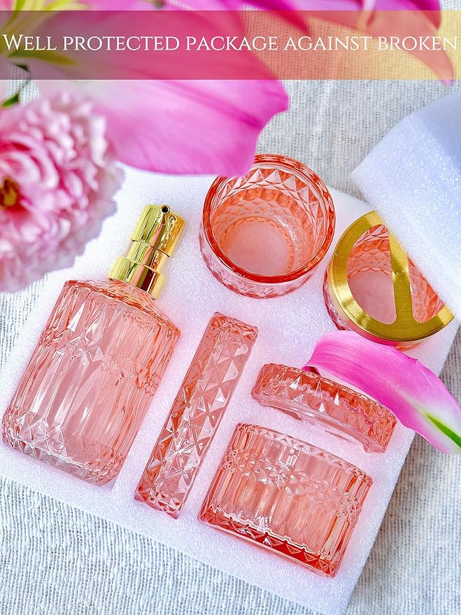 LaMarriti 5pcs Pink Bathroom Accessory Set, Clear Glass Bathroom Set, Soap Dispenser and Toothbrush Holder Set, Soap Dish, Tumbler, Qtips Holder for Crystal Modern Bathroom Decor, Set