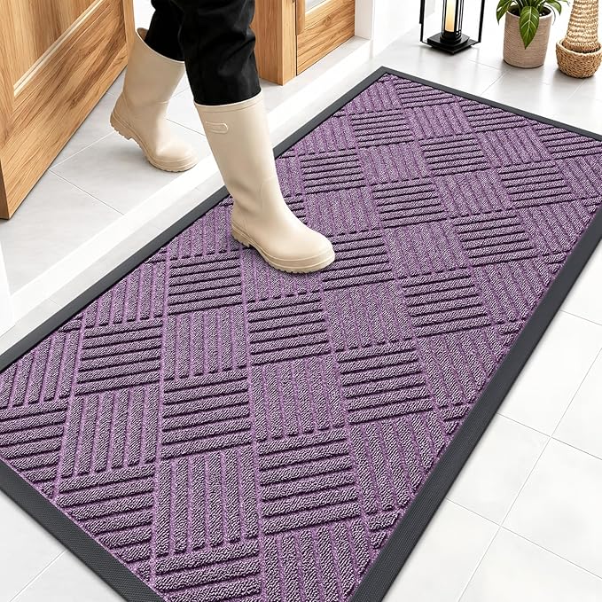 OLANLY Front Door Mat Outside Entrance 47x23, Absorbent, Heavy Duty Sturdy Natural Rubber Doormat Indoor Outdoor, Stain and Fade Resistant, Non-Slip Low Profile Floor Mat for Entryway, Violet Diamond