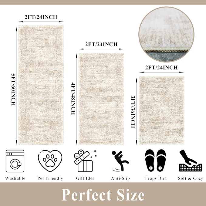 Kitchen Rug Sets 3 Piece Washable – Non Slip Modern Boho Small Kitchen Rugs and Runner Set for Sink Entryway Bathroom Hallway – Soft Low Pile Floor Mats (Cream Beige, 2x3+2x4+2x5)