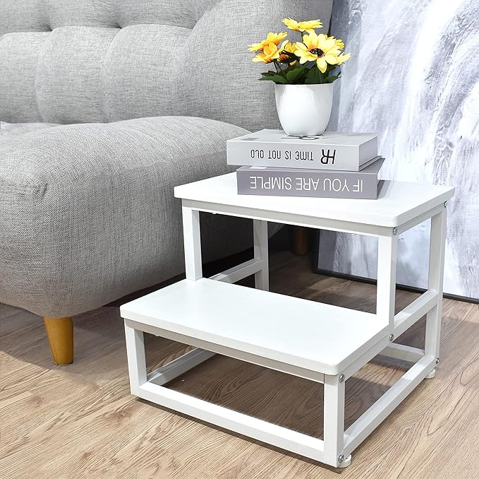 SZLHANJZ Nursery Step Stool, Wooden and Metal Foot Stool for Adult Kid, Steps for High Beds with Round Corners, Small Stepping Stool for Bedroom Kitchen, Load 500 LB, White