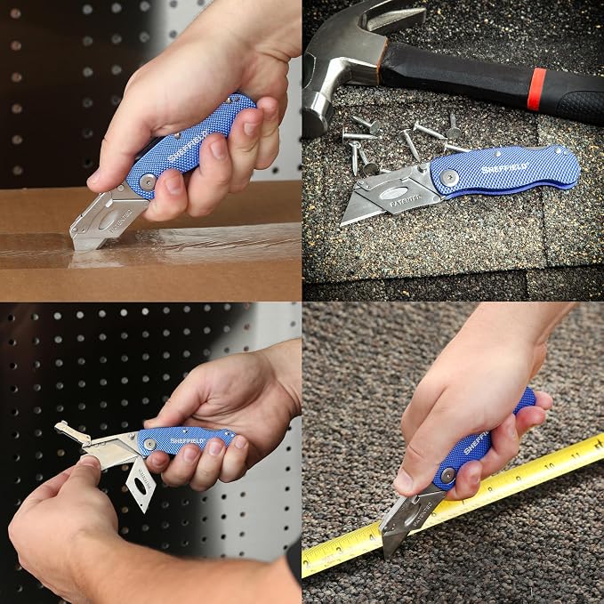 Sheffield Folding Utility Knife, Accepts Standard Utility Knife Blades, Box Cutter Aluminum Handle, Razor Blades Included, For Home, Office, Trades, and Warehouse