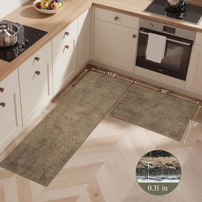 GENIMO Kitchen Mats for Floor 2PCS, Washable Absorbent Runner Rugs for Kitchen, 17.3"x59"+17.3"x30", Cushioned Non Slip Kitchen Rugs for Kitchen Floor,Standing Mat Rug for Home, Sink, Laundry, Jute