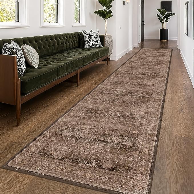 Hazo Haus Neutral Boho Washable 3x16 Extra Long Hallway Runner Rug, Brown Waterproof Large Kitchen Floor Rug Indoor, Non-Slip Stain & Fade Resistant, Vintage Dark Earthy Taupe Décor (3x16 Brown)