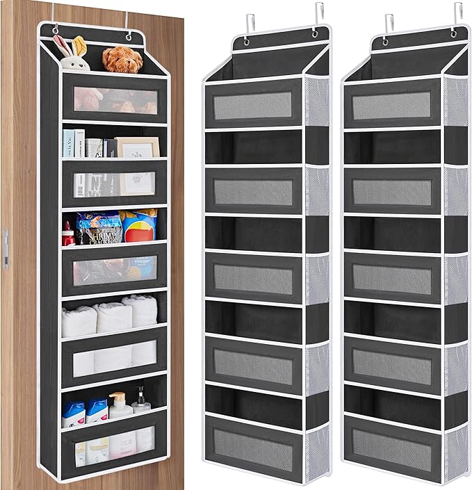JARLINK 2 Pack Over the Door Organizer Storage, 5 Shelf Hanging Door Organizer with 5 Large Capacity Pockets, Anti Tilt 44 lb Load Behind Door Storage for Bedroom, Bathroom, Pantry, Nursery, (Black)