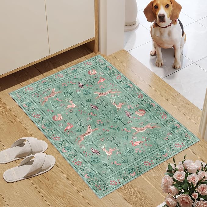 DUKINO 2x3 Rug, Washable Animal Rugs for Entryway, Non Slip Indoor Door Mat, Soft Low Pile Small Area Carpet for Entrance, Bedroom, Kitchen, Laundry, Bathroom, Teal