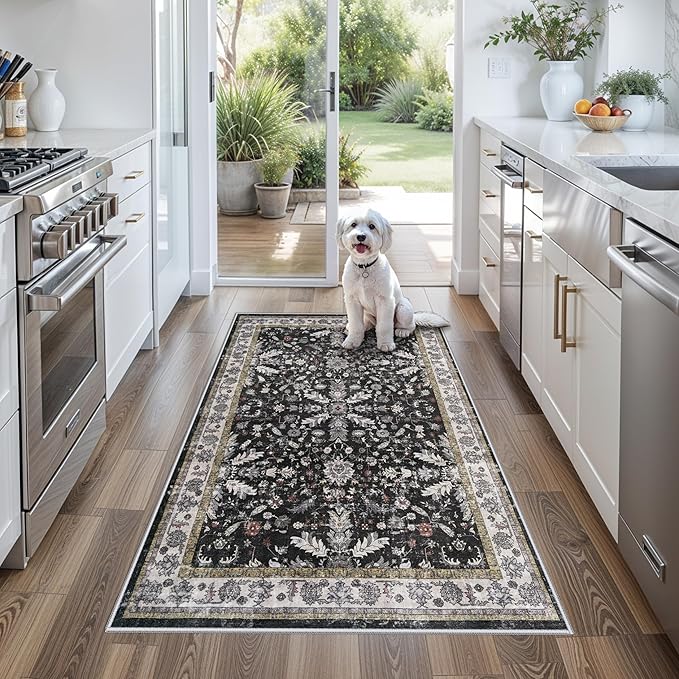 3x5 Kitchen Rug Washable Non-Skid, Boho Indoor Small Throw Area Rugs for Entryway Bedroom Living Room Floor, Soft Stain-Resistant Low-Pile Thin Doormat（Black, 3x5）