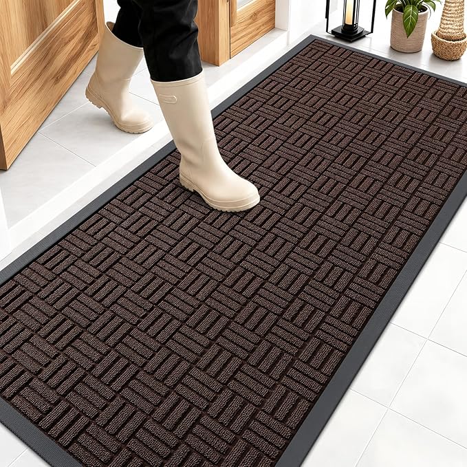 OLANLY Front Door Mat Outside Entrance 59x23, Absorbent, Heavy Duty Sturdy Natural Rubber Doormat Indoor Outdoor, Stain and Fade Resistant, Non-Slip Backing Low Profile Floor Mat for Entryway, Brown
