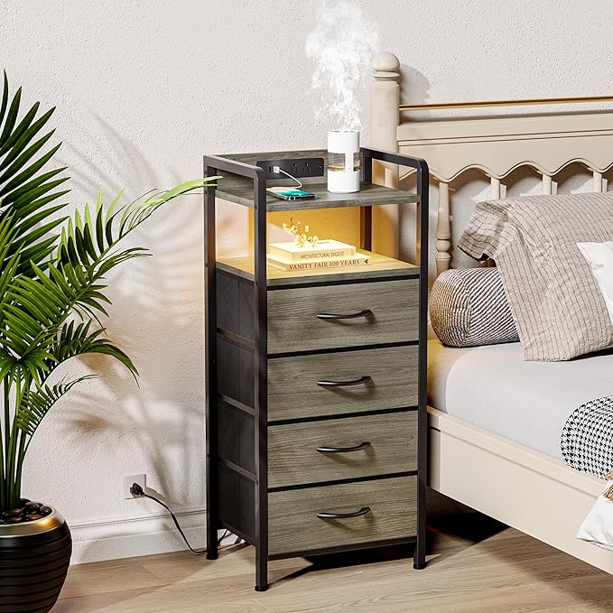 Lazzanto Grey NightStand with Charging Station - Morden Nightstand with USB Ports & AC Outlets, Grey End Table with Storage Shelf & 4 Fabric Drawers, LED Light Strip