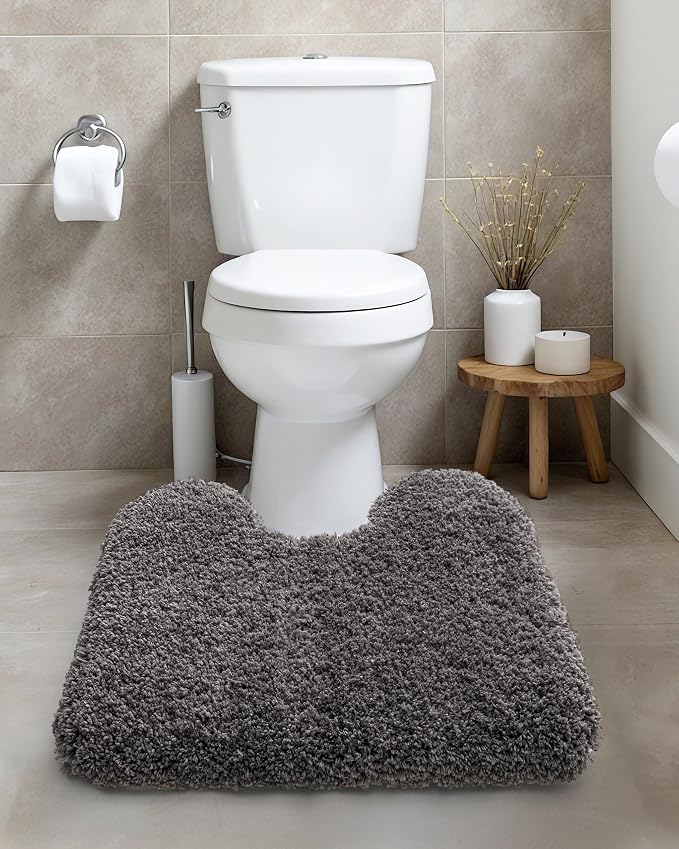ILANGO Dark Gray Toilet Rugs U Shaped 22" × 24" Non Slip & Super Absorbent Extra Thick Soft, Washable Bath Mats for Bathroom Floor, Microfiber Plush Shaggy Contour Bath Rugs for Toilet,Dry Quick